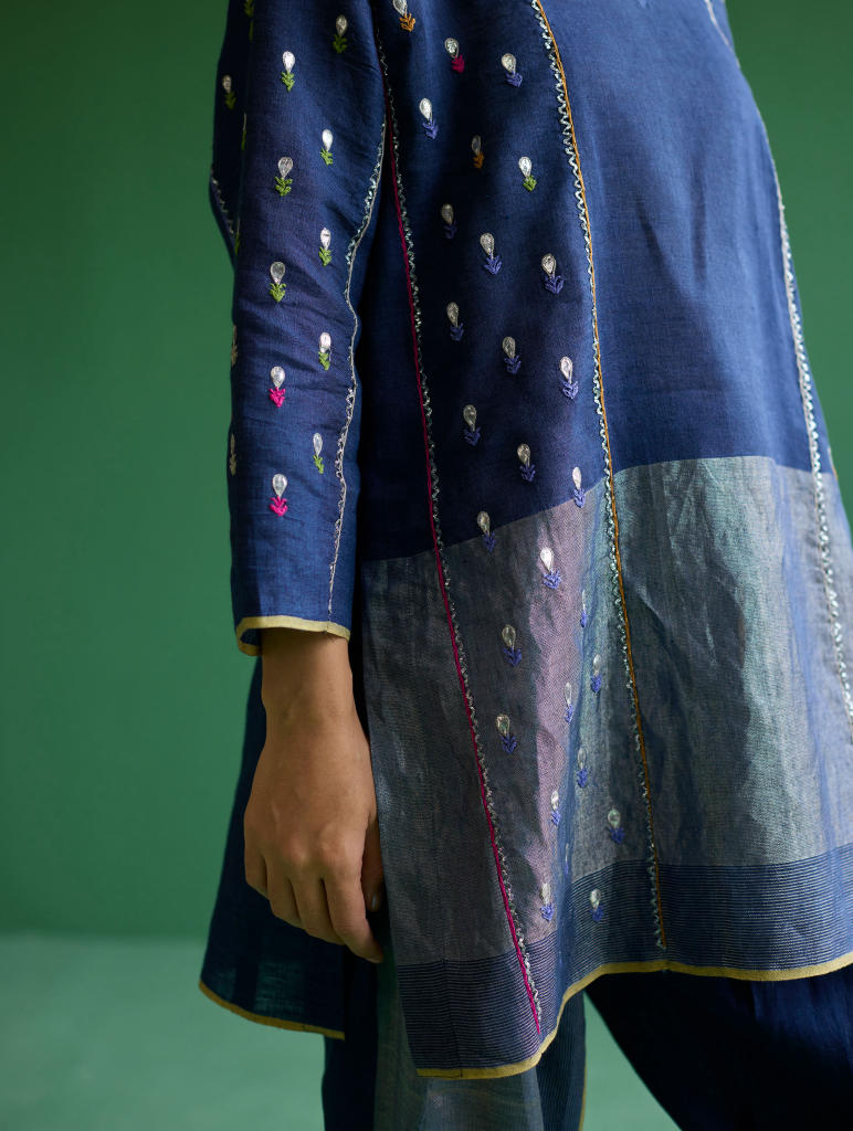 Ennya Hand-Embroidered Metallic Linen Kurta - Navy linen by Manan in navy color for women in Singapore
