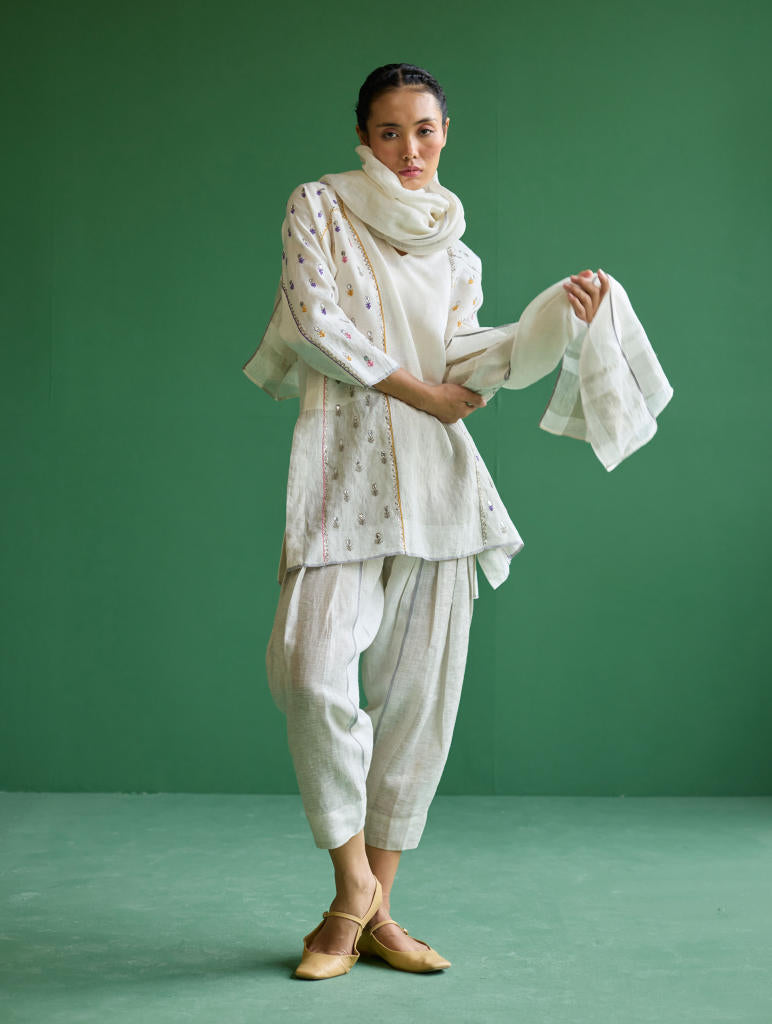 Ennya Hand-Embroidered Metallic Linen Kurta - Ivory linen by Manan in ivory color for women in Singapore