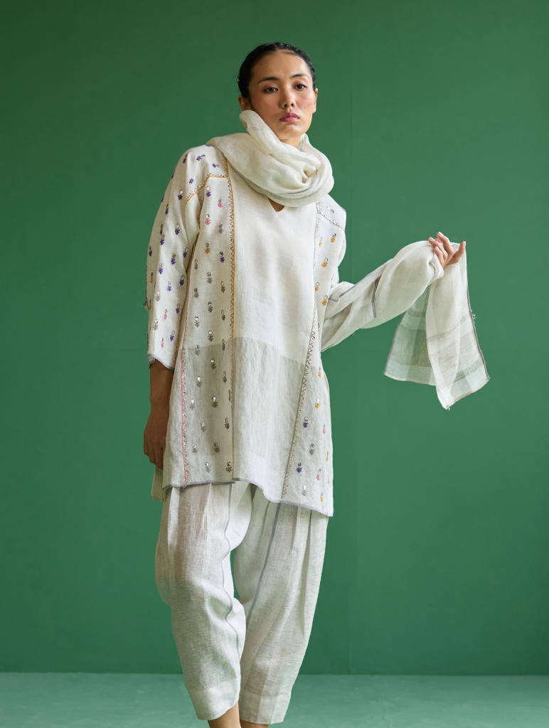 Ennya Hand-Embroidered Metallic Linen Kurta - Ivory linen by Manan in ivory color for women in Singapore