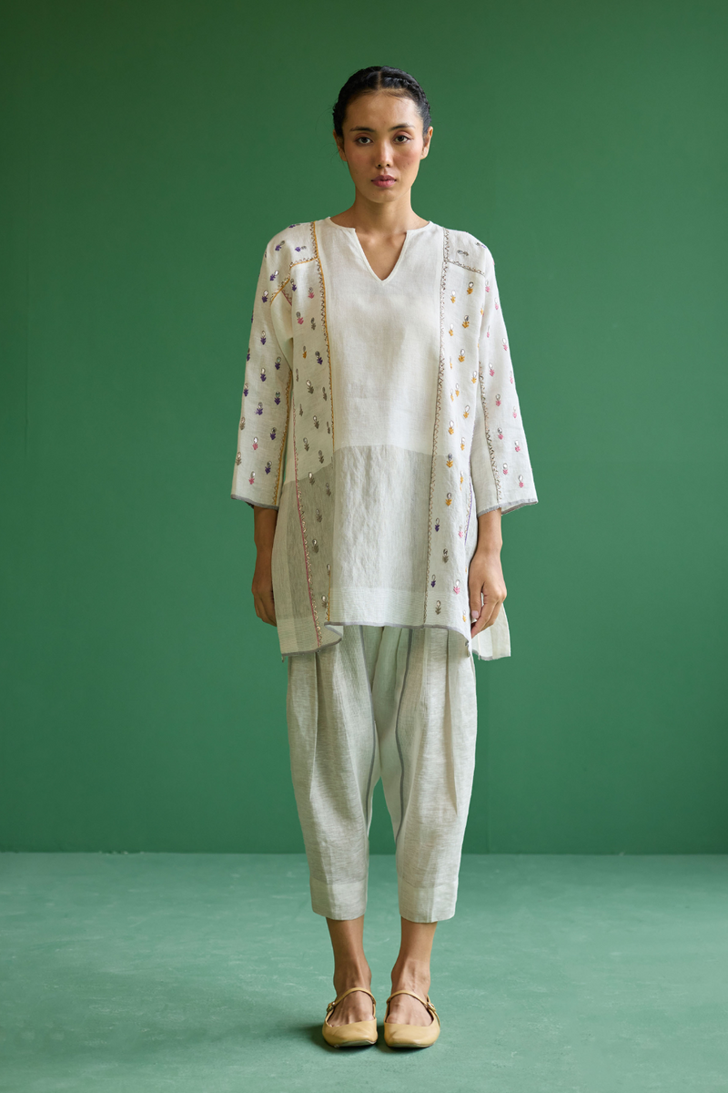 Ennya Hand-Embroidered Metallic Linen Kurta - Ivory linen by Manan in ivory color for women in Singapore
