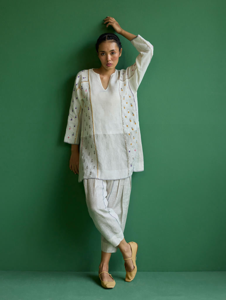Ennya Hand-Embroidered Metallic Linen Kurta - Ivory linen by Manan in ivory color for women in Singapore