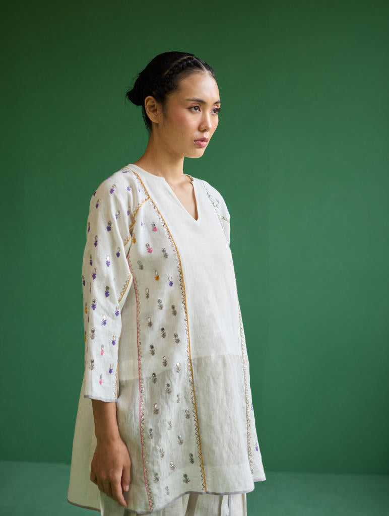 Ennya Hand-Embroidered Metallic Linen Kurta - Ivory linen by Manan in ivory color for women in Singapore
