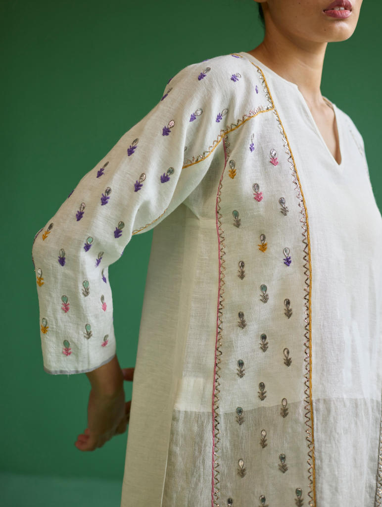 Ennya Hand-Embroidered Kurta Set
 - Ivory linen by Manan in ivory color for women in Singapore