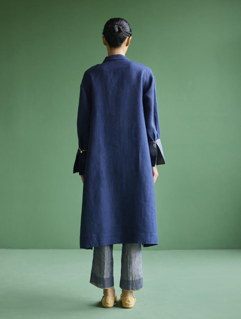 Ziza Metallic Linen Shirt Kurta - Navy linen by Manan in navy color for women in Singapore