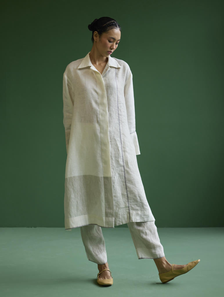Ziza Metallic Linen Shirt Kurta - Ivory linen by Manan in ivory color for women in Singapore