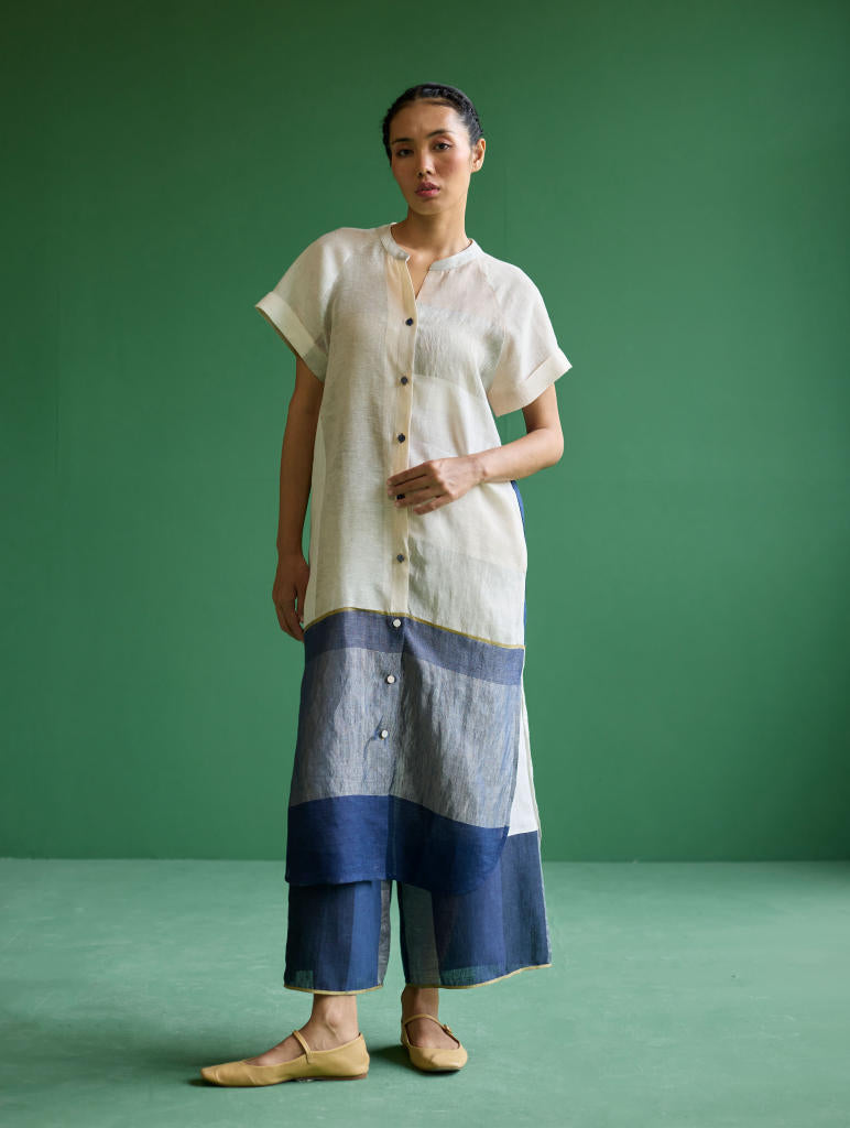 Nila Color-Blocked Metallic Linen Kurta
 - Ivory linen by Manan in ivory color for women in Singapore