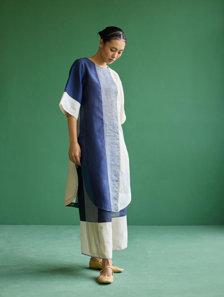 Risa Color-Blocked Kurta Set
 - Navy linen by Manan in navy color for women in Singapore
