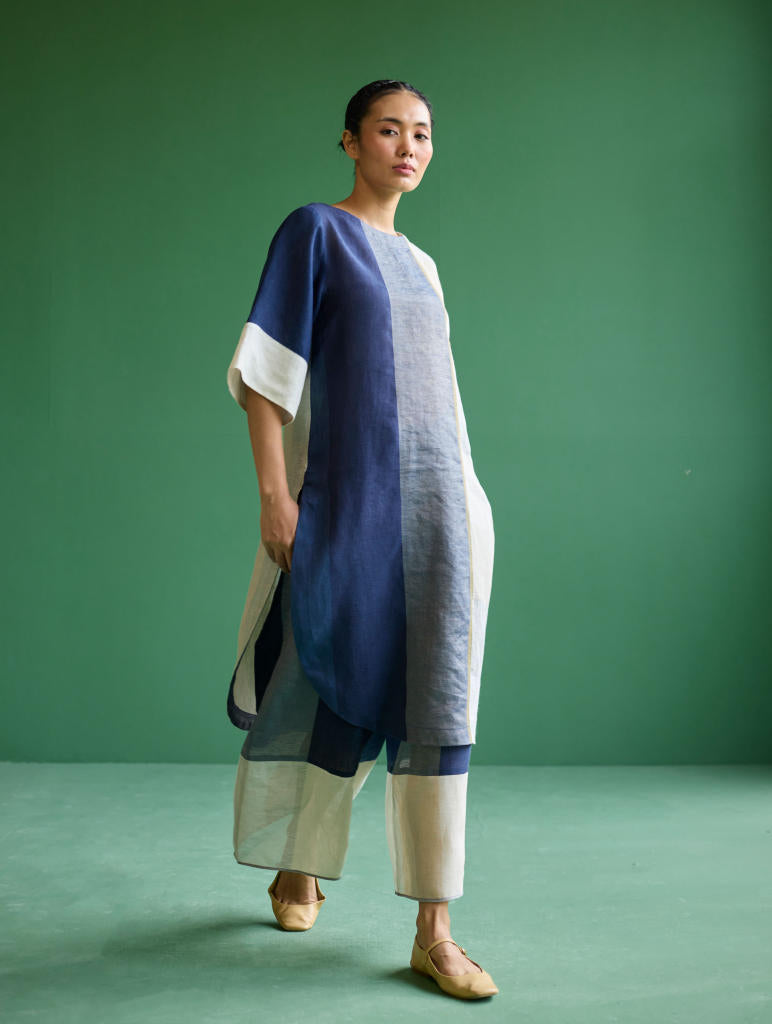 Risa Color-Blocked Kurta Set
 - Navy linen by Manan in navy color for women in Singapore