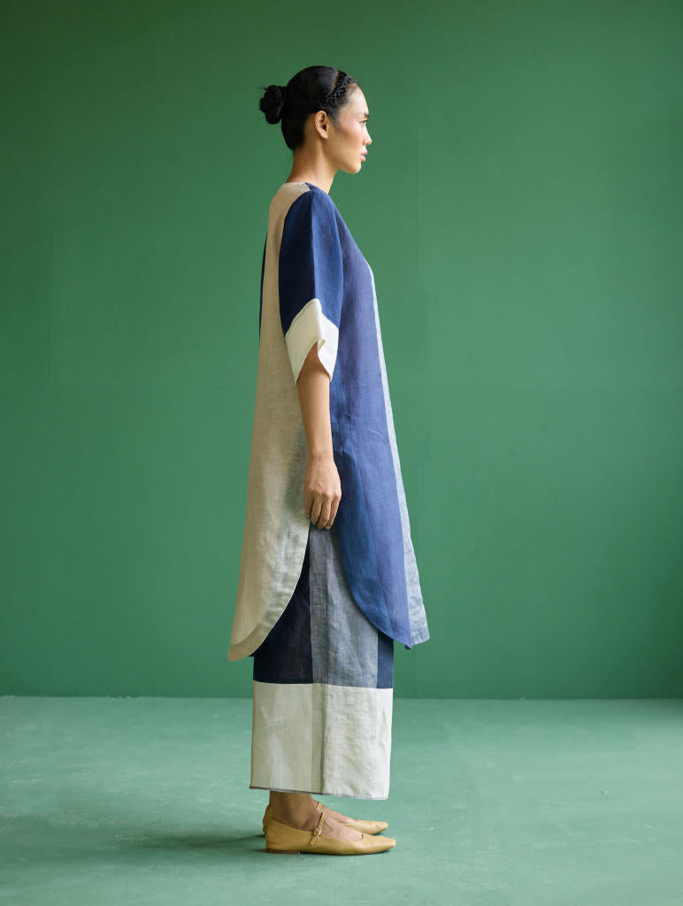 Risa Color-Blocked Kurta Set
 - Navy linen by Manan in navy color for women in Singapore