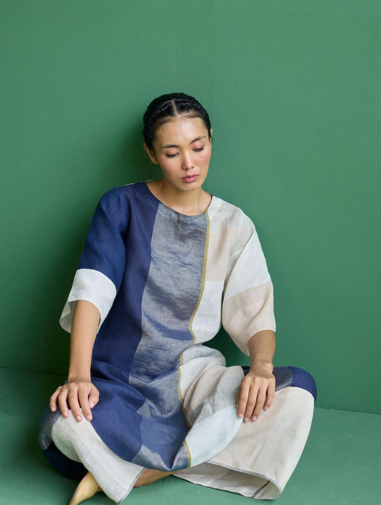 Risa Color-Blocked Linen Kurta - Navy linen by Manan in navy color for women in Singapore