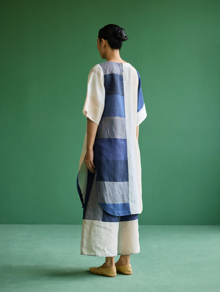 Risa Color-Blocked Linen Kurta - Navy linen by Manan in navy color for women in Singapore