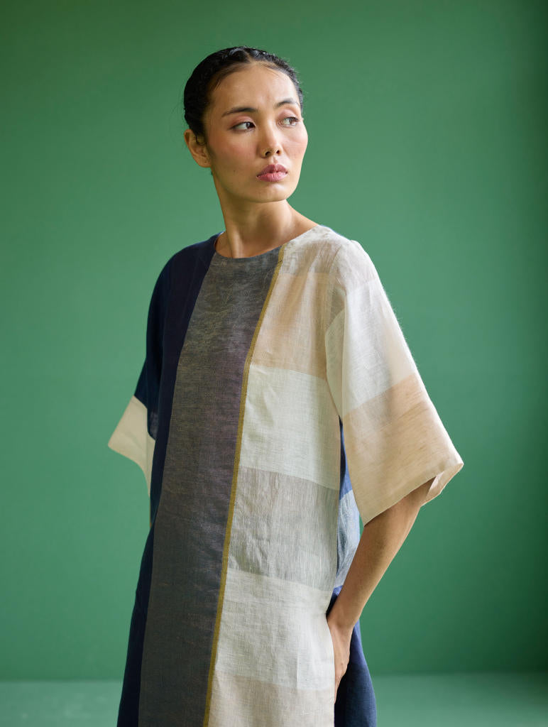 Risa Color-Blocked Linen Kurta - Navy linen by Manan in navy color for women in Singapore