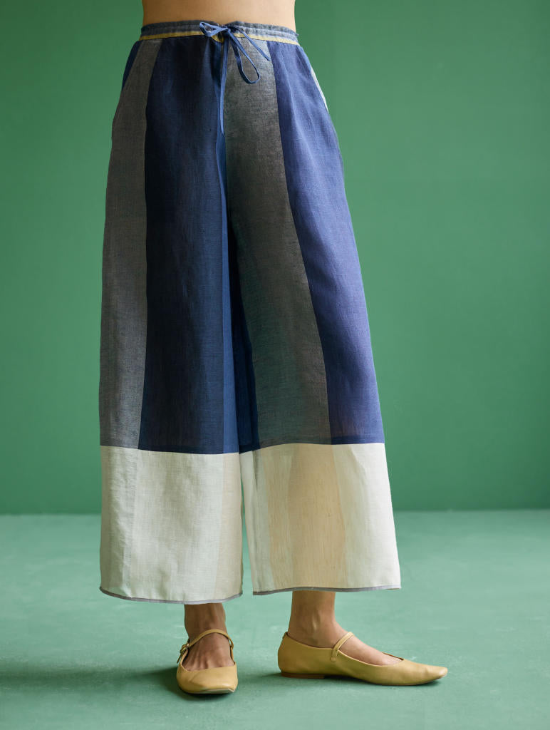 Risa Color-Blocked Kurta Set
 - Navy linen by Manan in navy color for women in Singapore