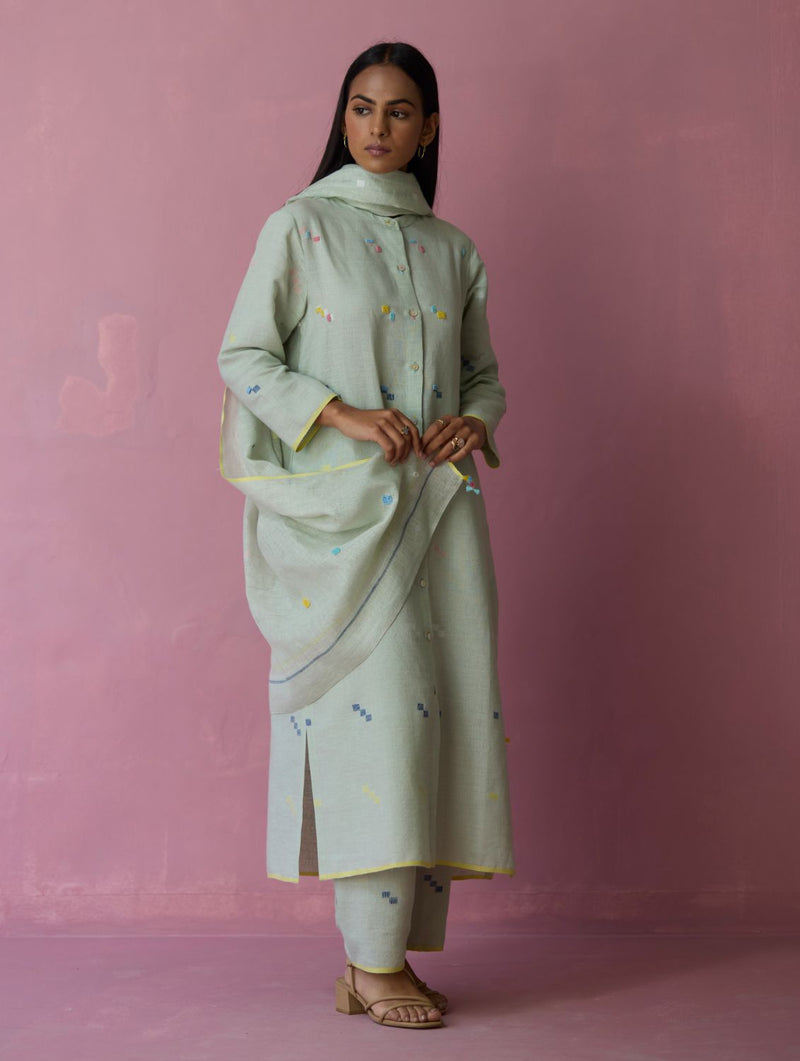 Miel Hand-Embroidered Jamdani Linen Kurta Set - Aqua all linen by Manan for women in Singapore