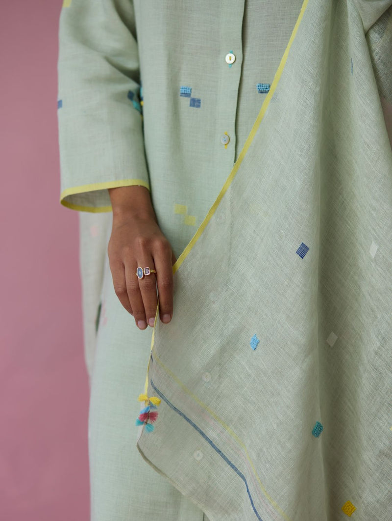 Miel Hand-Embroidered Jamdani Linen Kurta Set - Aqua all linen by Manan for women in Singapore