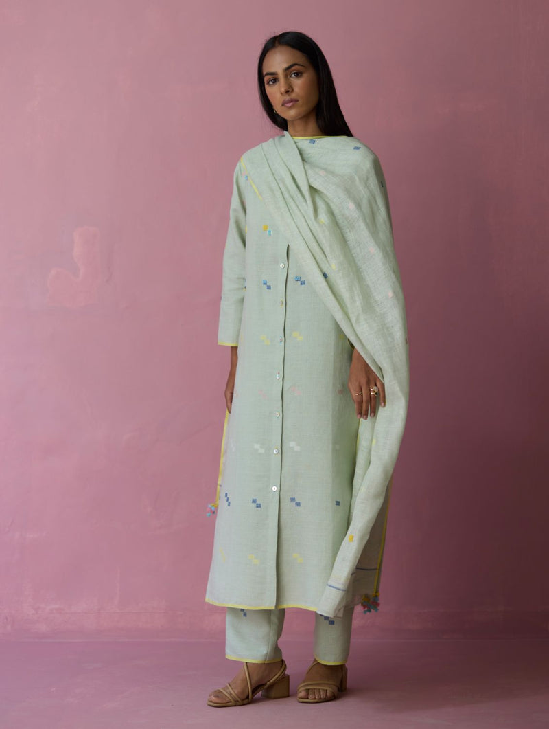 Miel Hand-Embroidered Jamdani Linen Kurta Set - Aqua all linen by Manan for women in Singapore