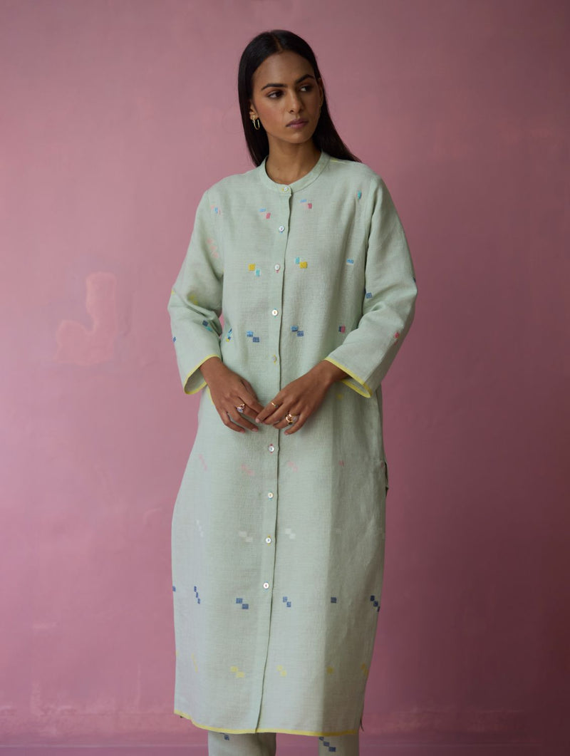 Miel Hand-Embroidered Jamdani Linen Shirt Kurta - Aqua