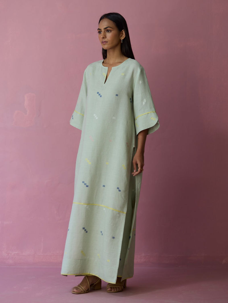 Rina High-slit Jamdani Linen Kurta - Aqua