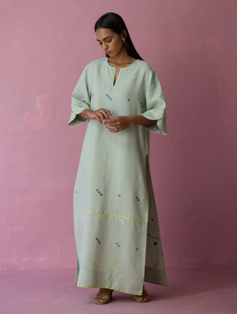 Rina High-slit Jamdani Linen Kurta - Aqua