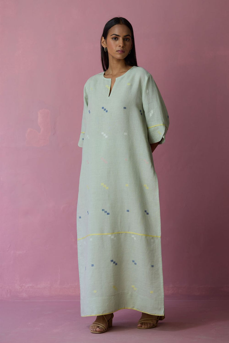 Rina High-slit Jamdani Linen Kurta - Aqua