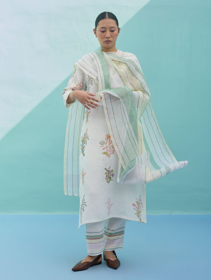 Zura Floral Block-Printed Embroidered Kurta Set - Ivory linen light kurta set by Manan in ivory for women in Singapore
