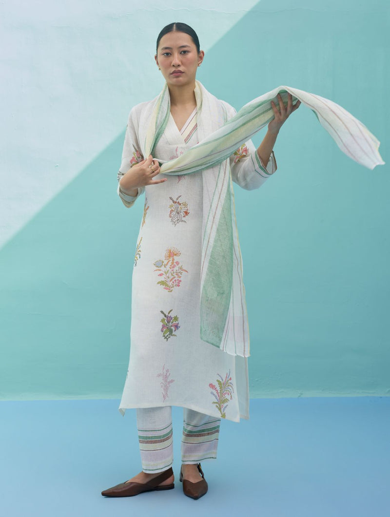 Zura Floral Block-Printed Embroidered Kurta Set - Ivory linen light kurta set by Manan in ivory for women in Singapore
