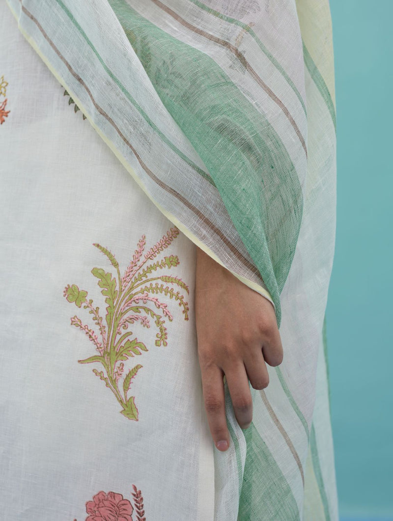 Zura Floral Block-Printed Embroidered Kurta Set - Ivory linen light kurta set by Manan in ivory for women in Singapore
