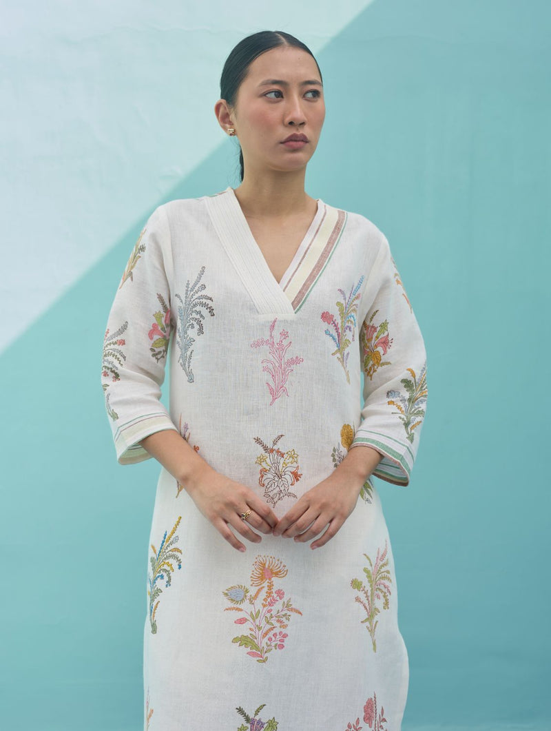 Zura Floral Block-Printed Embroidered Kurta - Ivory linen dress by Manan in ivory for women in Singapore