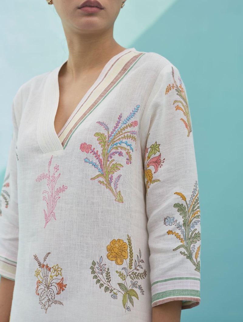 Zura Floral Block-Printed Embroidered Kurta - Ivory linen dress by Manan in ivory for women in Singapore