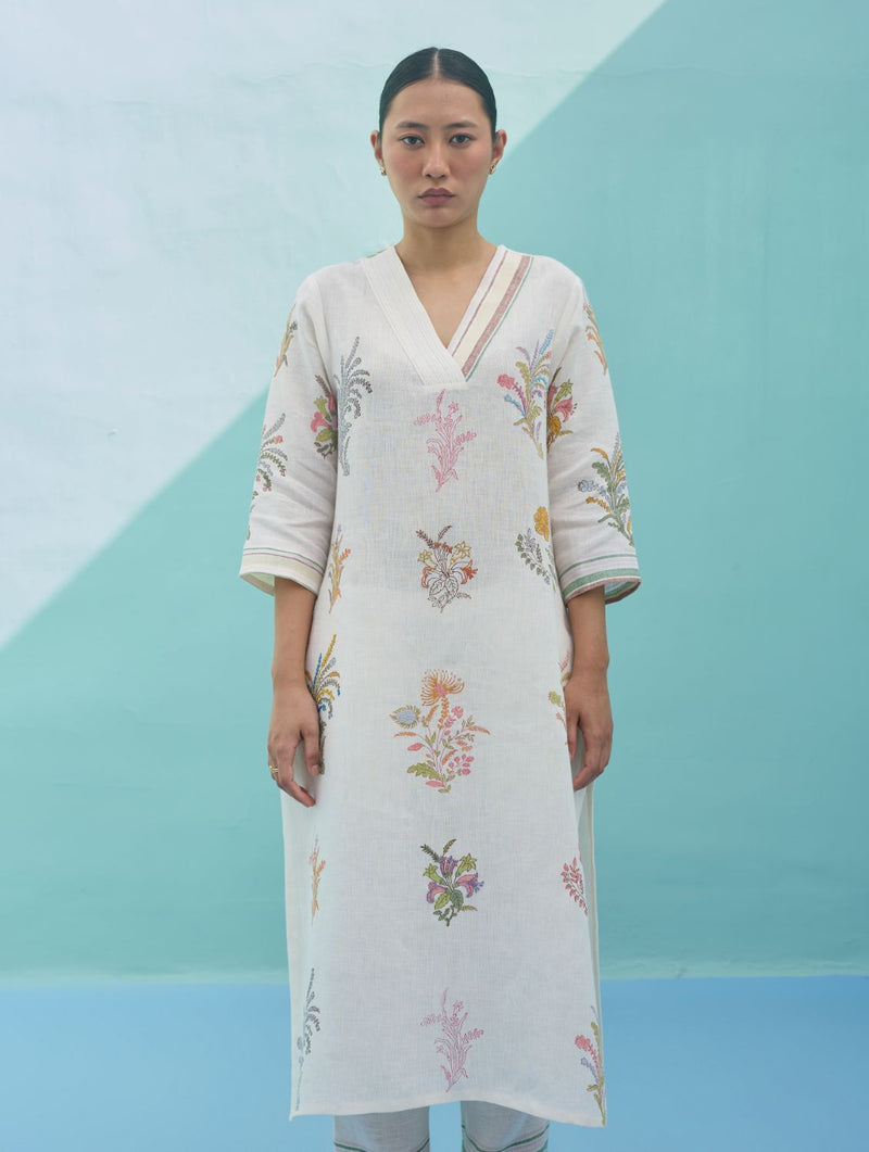 Zura Floral Block-Printed Embroidered Kurta - Ivory linen dress by Manan in ivory for women in Singapore
