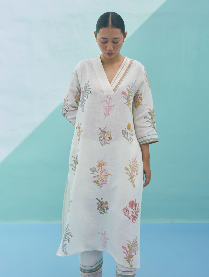 Zura Floral Block-Printed Embroidered Kurta - Ivory linen dress by Manan in ivory for women in Singapore