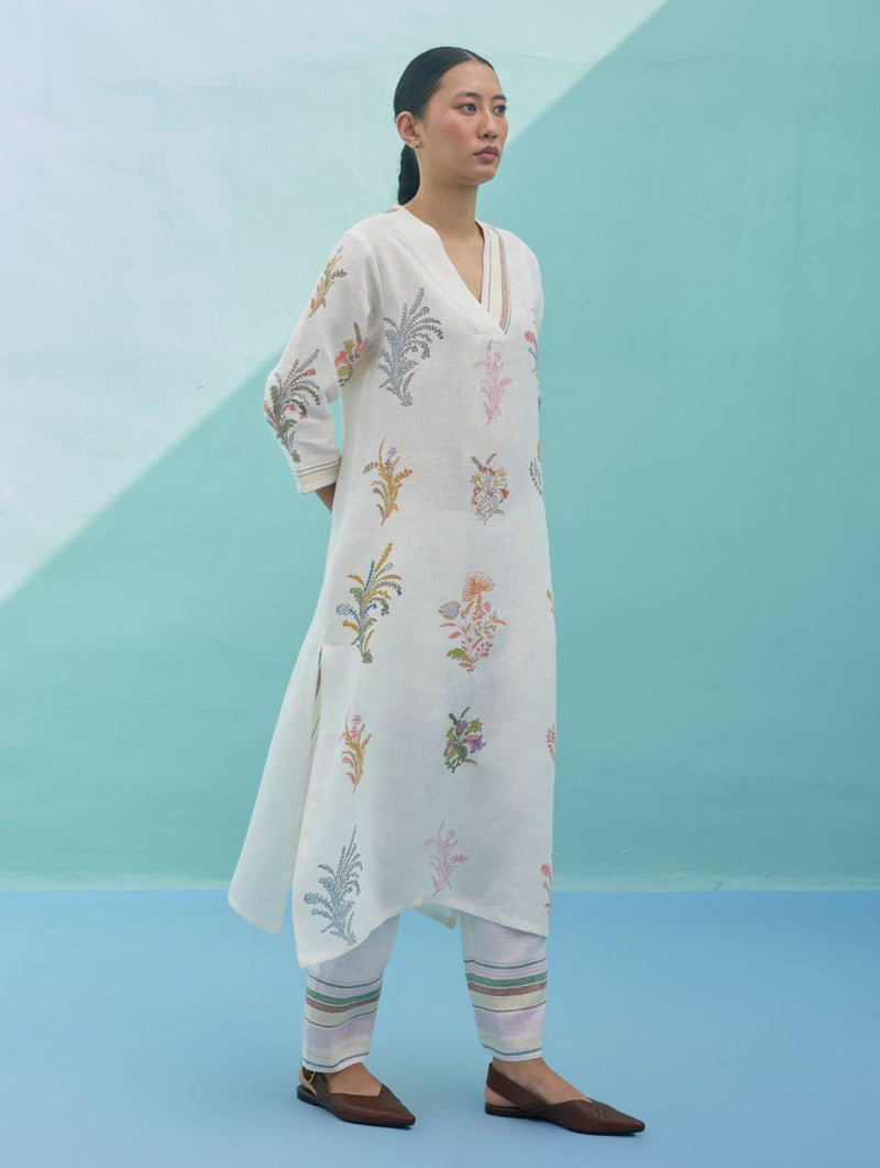 Zura Floral Block-Printed Embroidered Kurta Set - Ivory linen light kurta set by Manan in ivory for women in Singapore