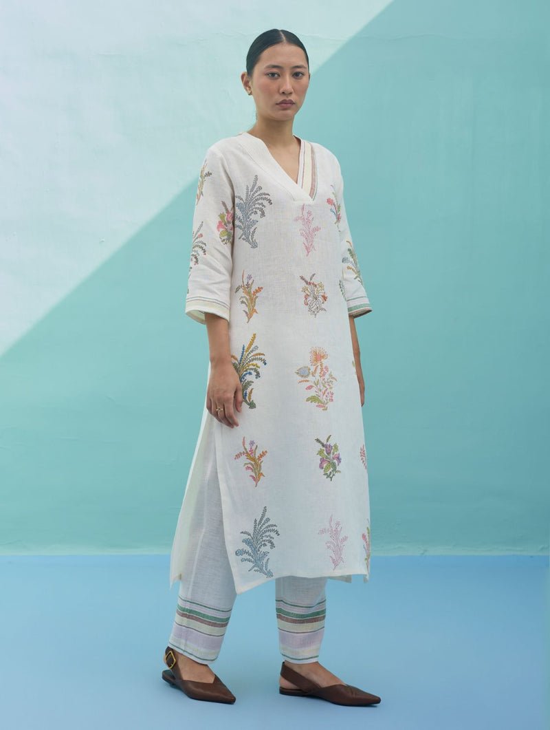 Zura Floral Block-Printed Embroidered Kurta Set - Ivory linen light kurta set by Manan in ivory for women in Singapore