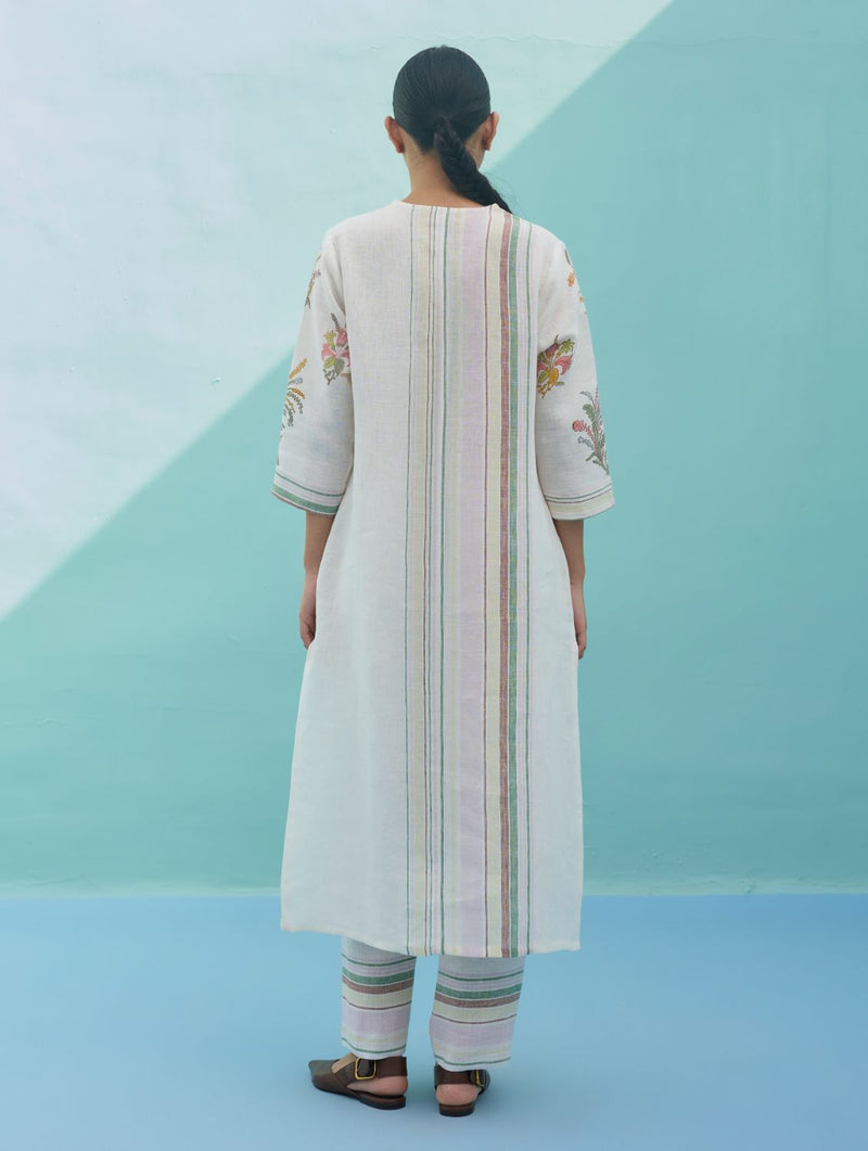 Zura Floral Block-Printed Embroidered Kurta - Ivory linen dress by Manan in ivory for women in Singapore