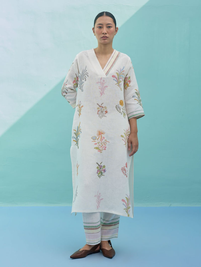 Zura Floral Block-Printed Embroidered Kurta Set - Ivory linen light kurta set by Manan in ivory for women in Singapore