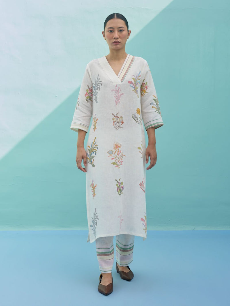 Zura Floral Block-Printed Embroidered Kurta - Ivory linen dress by Manan in ivory for women in Singapore