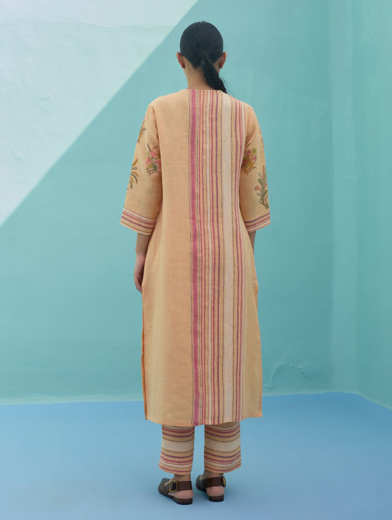 Zura Floral Block Printed Embroidered Kurta - Apricot linen light kurta set by Manan in apricot for women in Singapore
