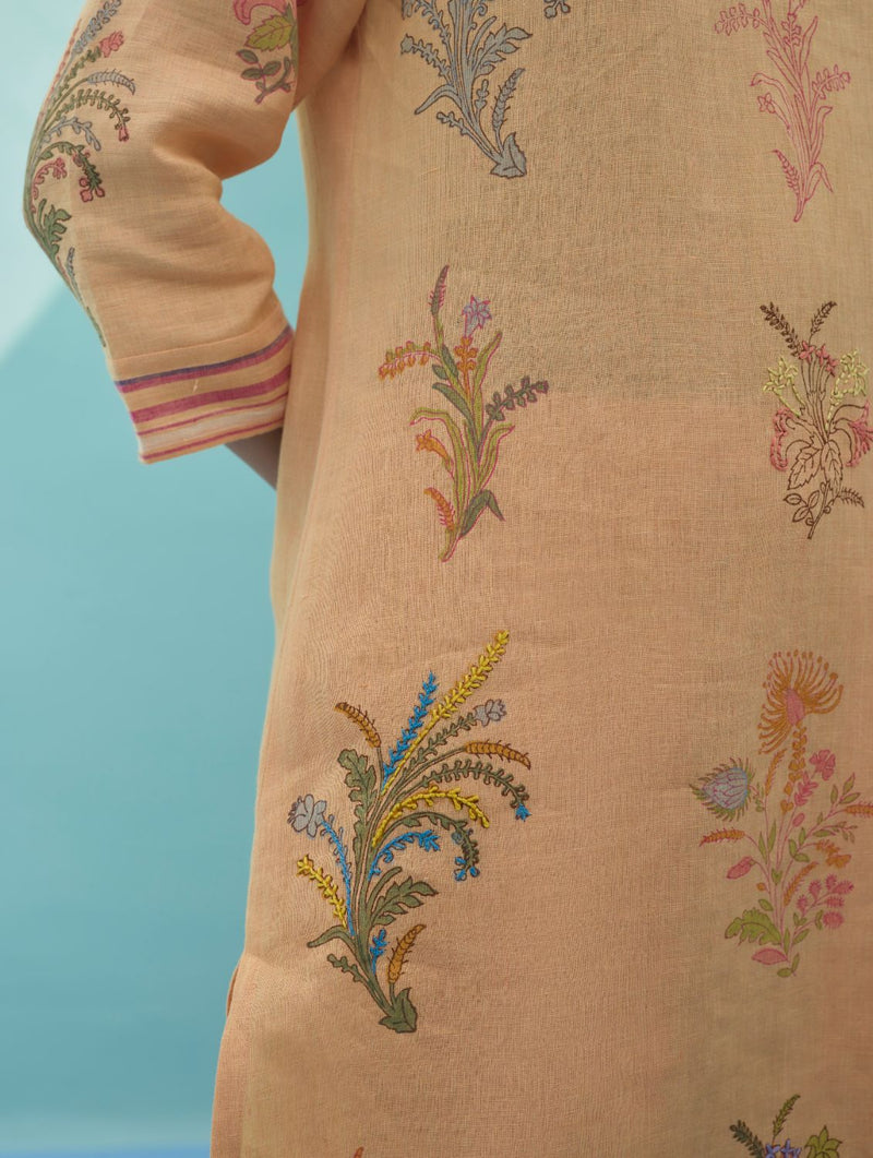 Zura Floral Block Printed Embroidered Kurta - Apricot linen light kurta set by Manan in apricot for women in Singapore