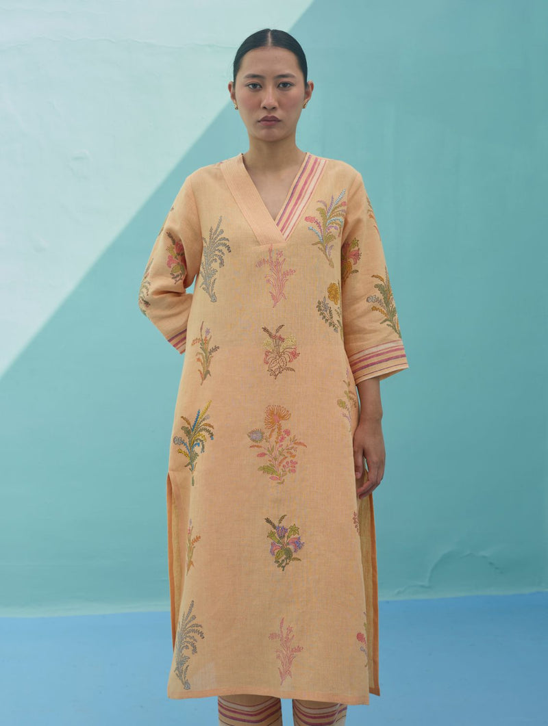 Zura Floral Block Printed Embroidered Kurta - Apricot linen light kurta set by Manan in apricot for women in Singapore