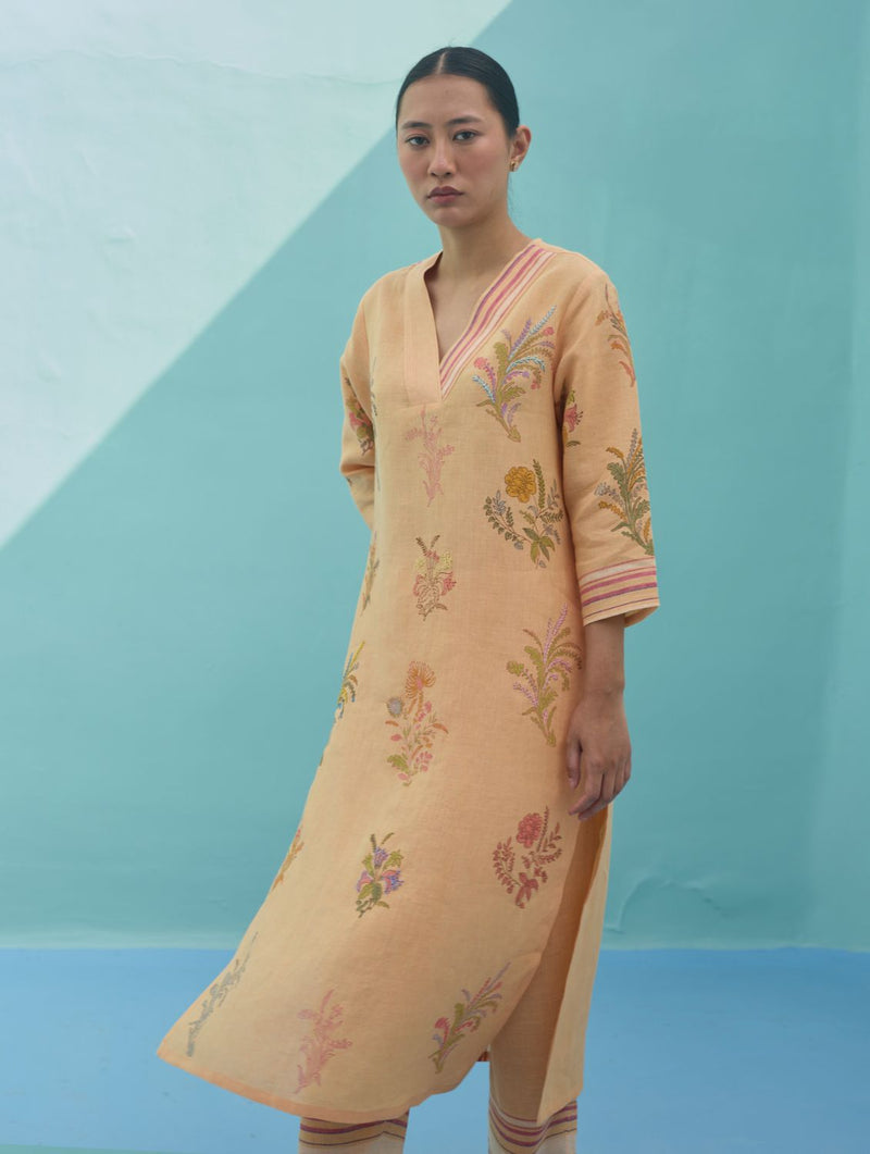 Zura Floral Block Printed Embroidered Kurta - Apricot linen light kurta set by Manan in apricot for women in Singapore