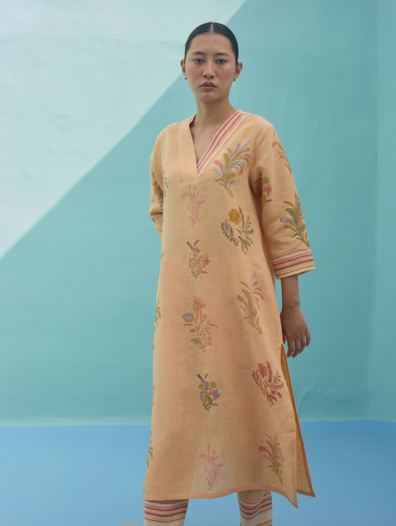 Zura Floral Block Printed Embroidered Kurta - Apricot linen light kurta set by Manan in apricot for women in Singapore