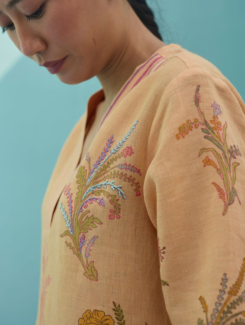 Zura Floral Block Printed Embroidered Kurta Set - Apricot linen light kurta set by Manan in apricot for women in Singapore