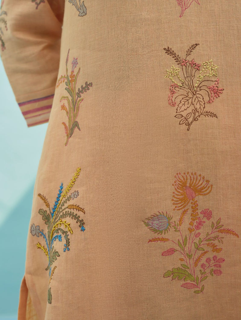 Zura Floral Block Printed Embroidered Kurta Set - Apricot linen light kurta set by Manan in apricot for women in Singapore