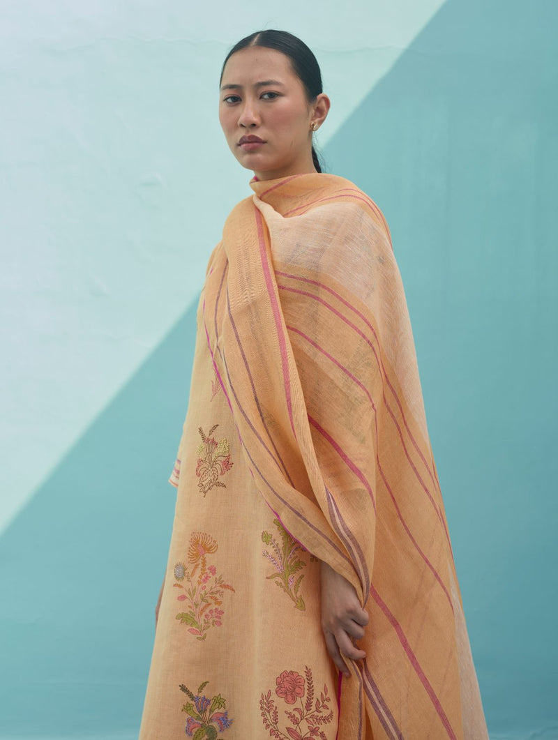 Zura Floral Block Printed Embroidered Kurta Set - Apricot linen light kurta set by Manan in apricot for women in Singapore