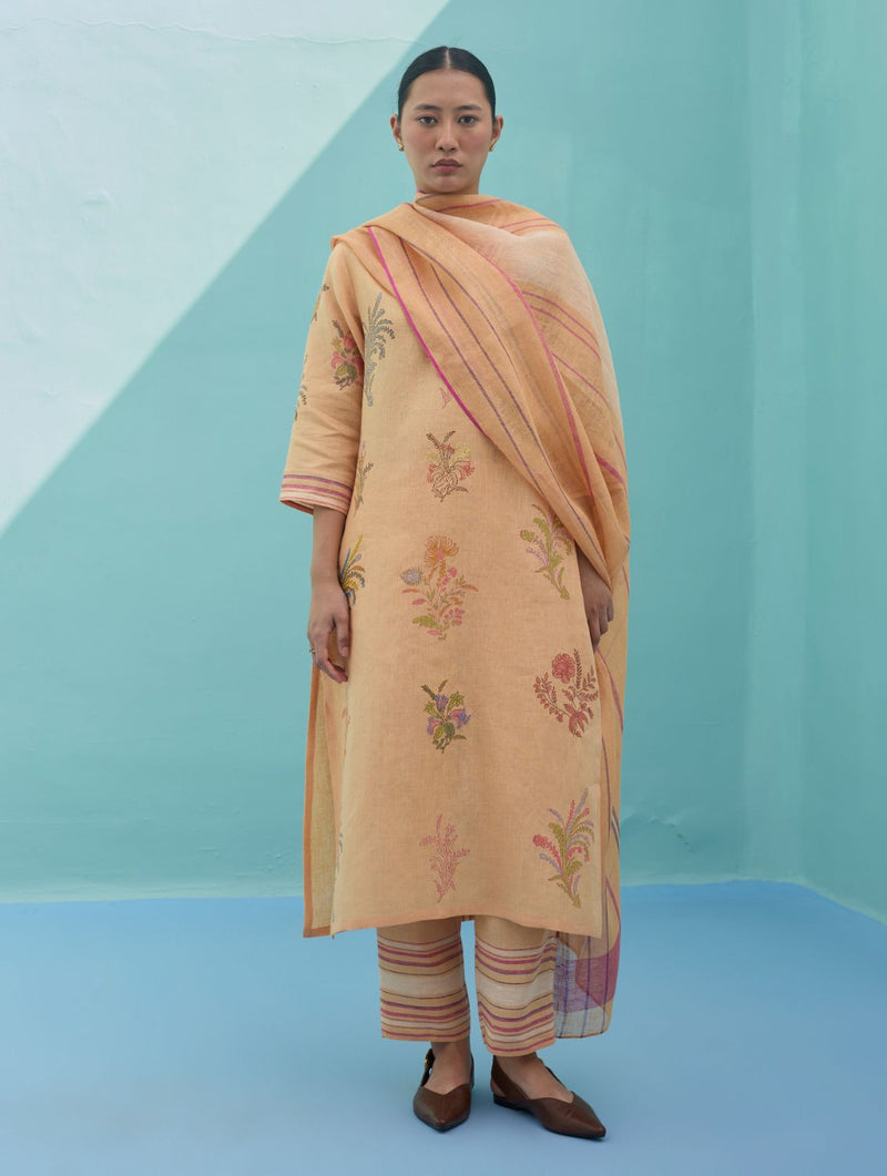 Zura Floral Block Printed Embroidered Kurta Set - Apricot linen light kurta set by Manan in apricot for women in Singapore