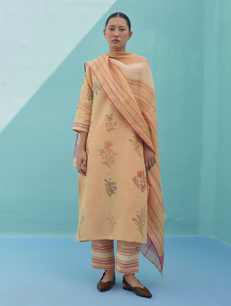 Zura Floral Block Printed Embroidered Kurta Set - Apricot linen light kurta set by Manan in apricot for women in Singapore