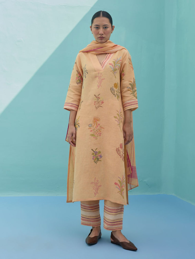 Zura Floral Block Printed Embroidered Kurta Set - Apricot linen light kurta set by Manan in apricot for women in Singapore