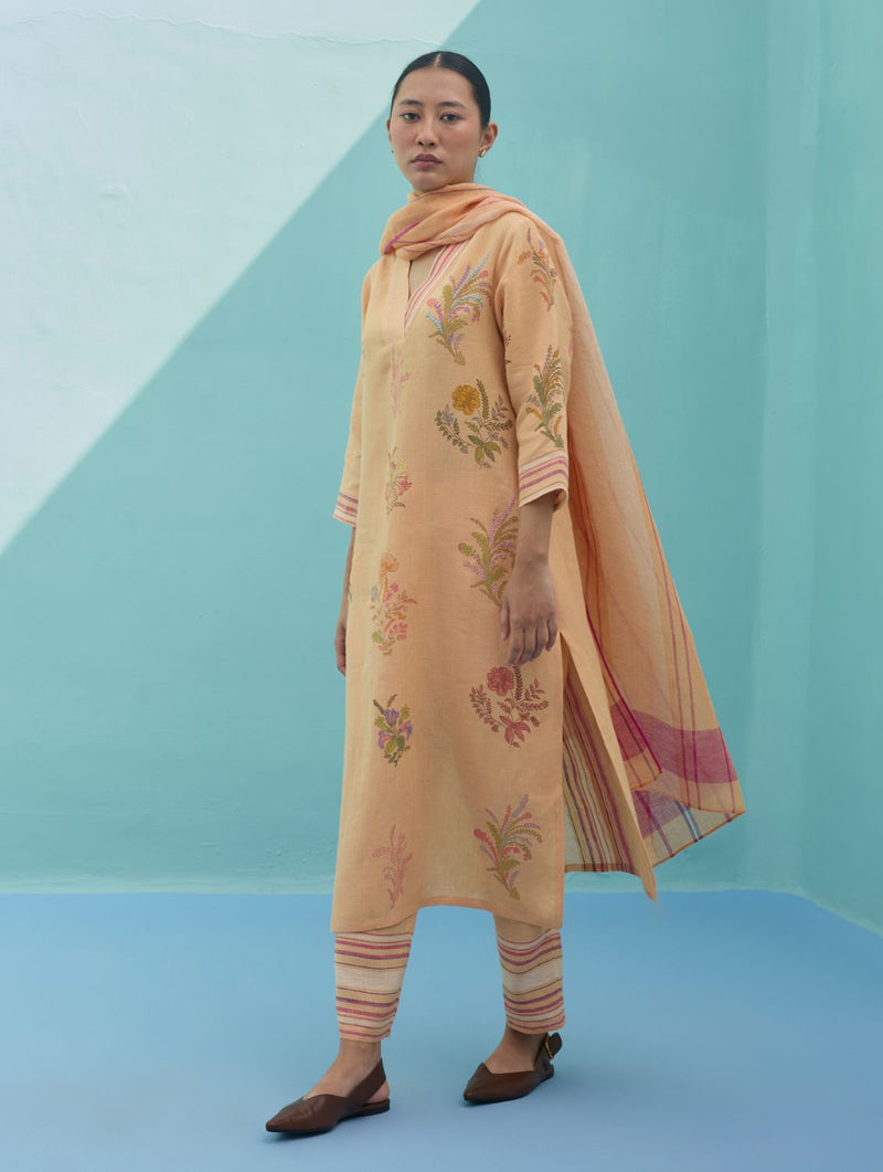 Zura Floral Block Printed Embroidered Kurta Set - Apricot linen light kurta set by Manan in apricot for women in Singapore