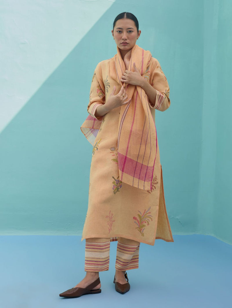 Zura Floral Block Printed Embroidered Kurta Set - Apricot linen light kurta set by Manan in apricot for women in Singapore