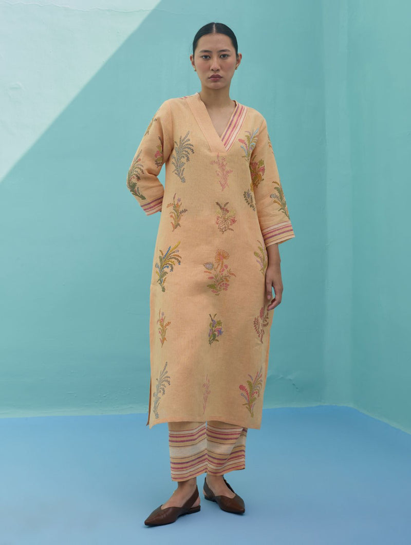 Zura Floral Block Printed Embroidered Kurta - Apricot linen light kurta set by Manan in apricot for women in Singapore